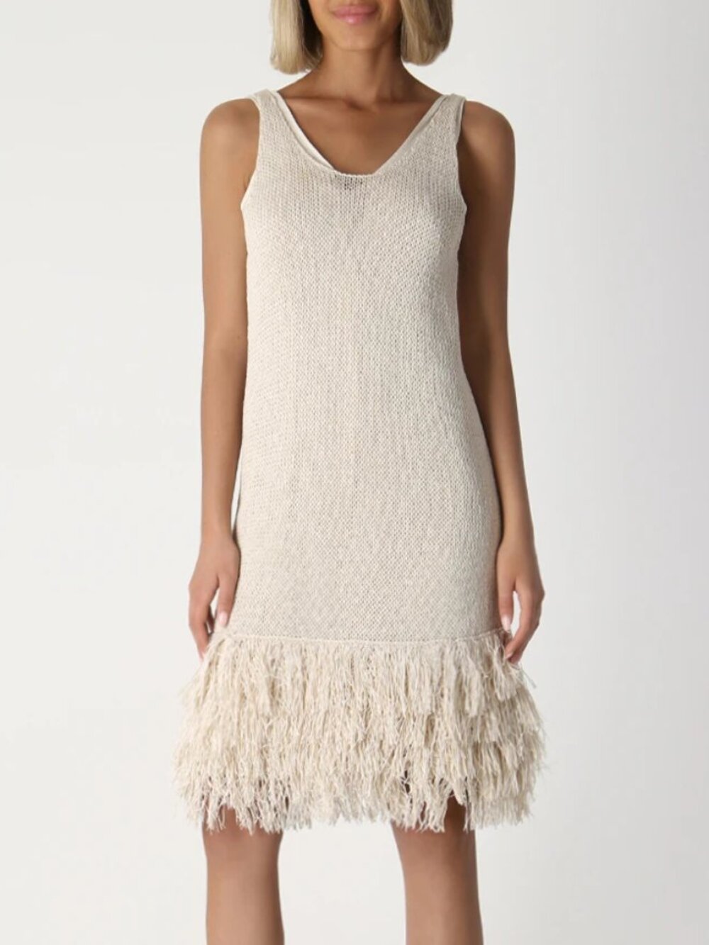 Brunello Cucinelli Oatmeal Cotton-Knit Fringe-Hem Dress
